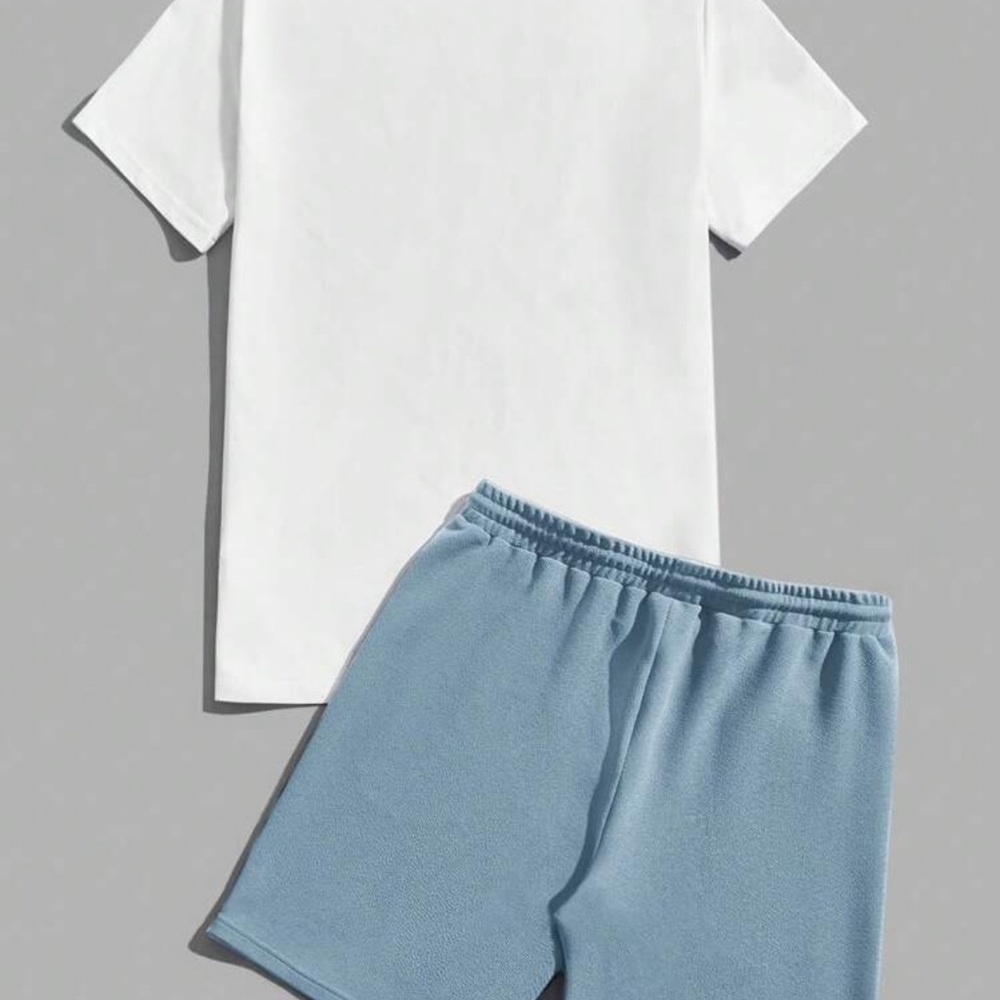 Manfinity Knitted Crew Neck Short Sleeve T-Shirt And Drawstring Shorts Set - Picture 2 of 4
